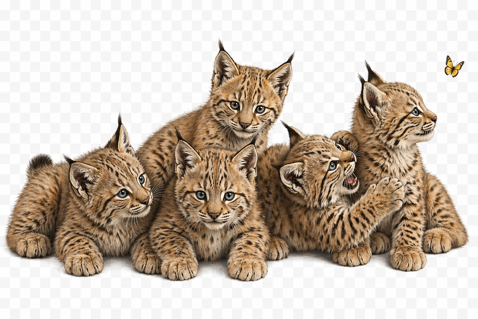 A puddle of baby LumoLynx kittens, one of whom is yelling at a butterfly